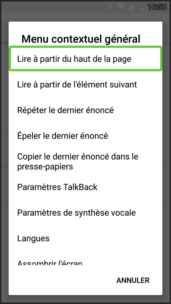 Le menu contextuel général de TalkBack