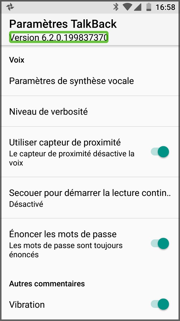 Le menu paramètres de TalkBack