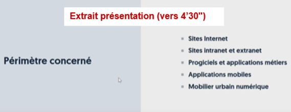 Extrait de la présentation, vers 4 minutes 30. Périmètre concerné par la réglementation : sites Internet, sites Intranet et Extranet, progiciels et applications métiers, applications mobiles, mobilier urbain numérique.