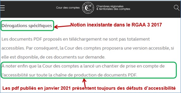 Capture de la page accessibilité du site de la Cour des comptes. Dérogations spécifiques Les documents PDF proposés en téléchargement ne sont pas totalement accessibles. Par conséquent, la Cour des comptes proposera une version accessible, si elle est disponible, de ces documents sur demande. À noter enfin que la Cour des comptes a lancé un chantier de prise en compte de l’accessibilité sur toute la chaîne de production de documents PDF.