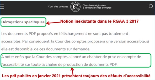 Capture de la page accessibilité du site de la Cour des comptes. Dérogations spécifiques Les documents PDF proposés en téléchargement ne sont pas totalement accessibles. Par conséquent, la Cour des comptes proposera une version accessible, si elle est disponible, de ces documents sur demande. À noter enfin que la Cour des comptes a lancé un chantier de prise en compte de l’accessibilité sur toute la chaîne de production de documents PDF.