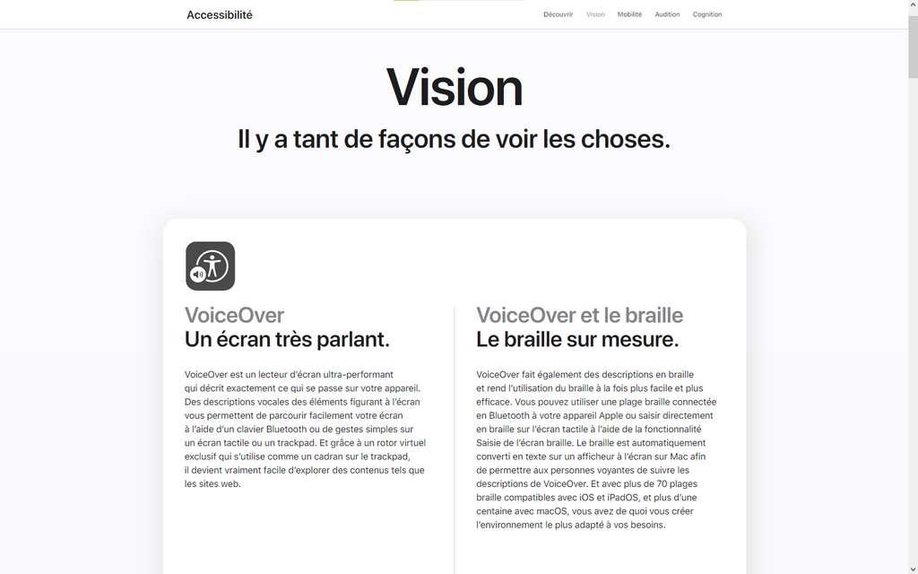 Page web Apple sur l'accessibilité visuelle sous iOS