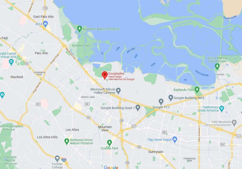 Carte Maps site du GooglePlex siège de la société Google aux USA