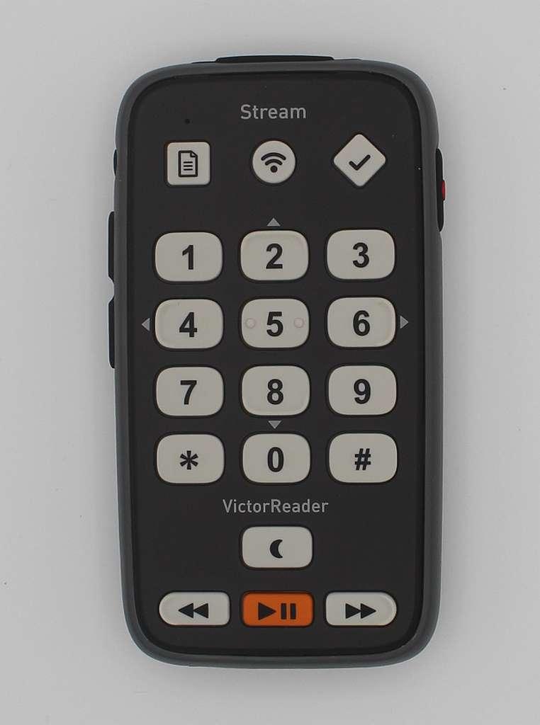 VRStream 3 Vue de face avec le pavé numérique, les 3 touches au-dessus et les 4 touches en dessous; les touches sont blanches sur un boîtier noir