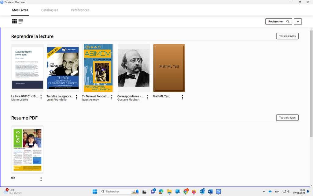 Thorium Reader bibliothèque "Mes Livres"