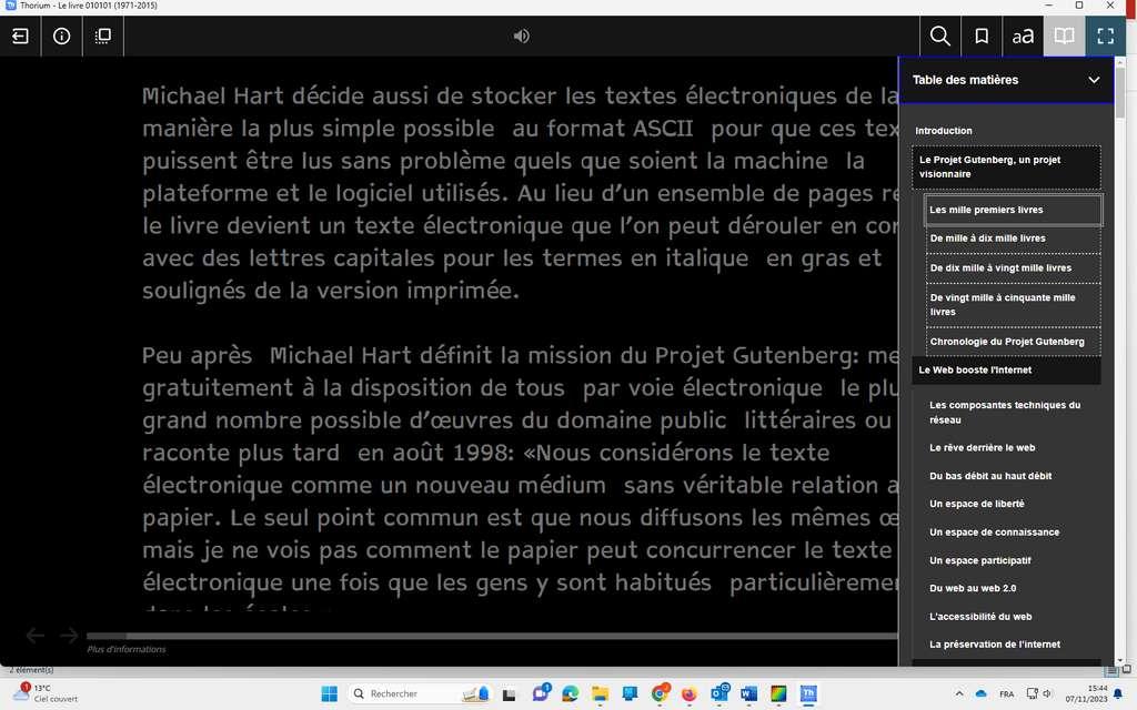 Thorium Reader - affichage de la table ses matières d'un livre
