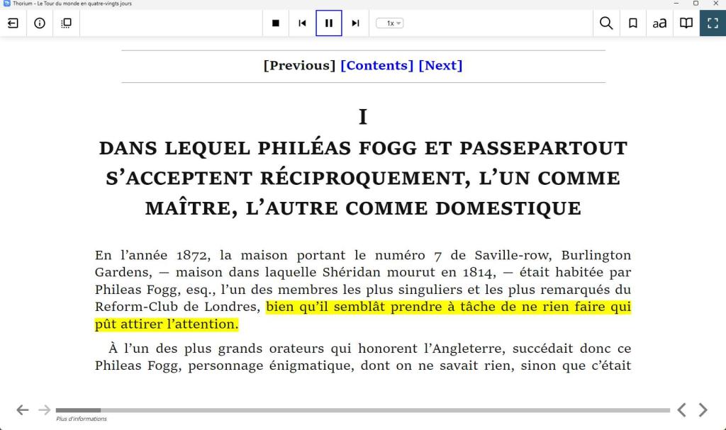 Écran Thorium Reader avec texte dee livre ouvert sans la fenêtre de lecture 